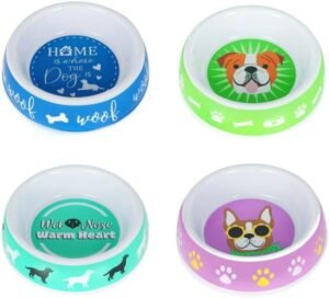 Kennel Club Printed Melamine Dog Bowls – 4 Pack Sturdy and Stylish Dog Bowls for Your Pet’s Dining Needs Bonus Item Iytasge, White Purple Blue Green